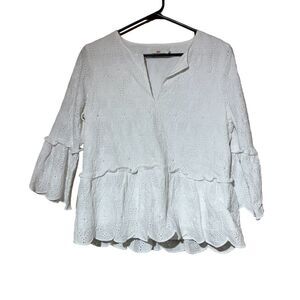 Vineyard Vines XXS White Peplum Blouse Eyelet Lace Tunic Top 3/4 Sleeve V-Neck